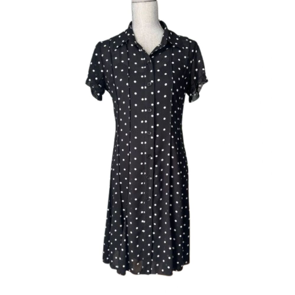 Sandra Darren Button Down Black with White Polkadots Short Sleeve Dress size 4P